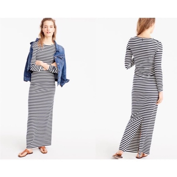 J.Crew Collection Maxi Dress Striped Navy White Long Sleeve Knit Cotton 4 - Picture 4 of 15